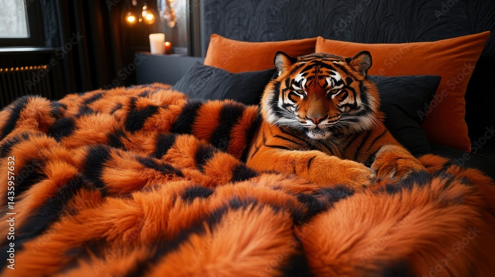 Majestic Tiger Relaxing on Luxurious Tiger-Print Fur Blanket in Elegant Bedroom