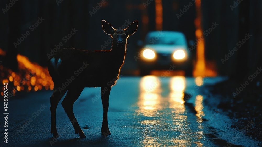 Deer stands on a wet road at night with car headlights in background. Use this image to promote safe driving and respect for wildlife.