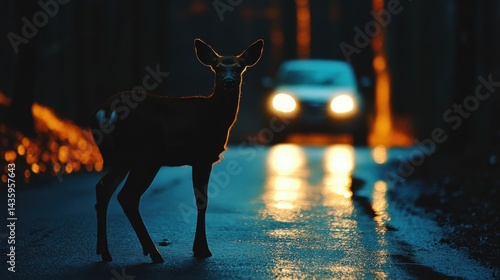 Obraz na płótnie Deer stands on a wet road at night with car headlights in background. Use this image to promote safe driving and respect for wildlife. w salonie