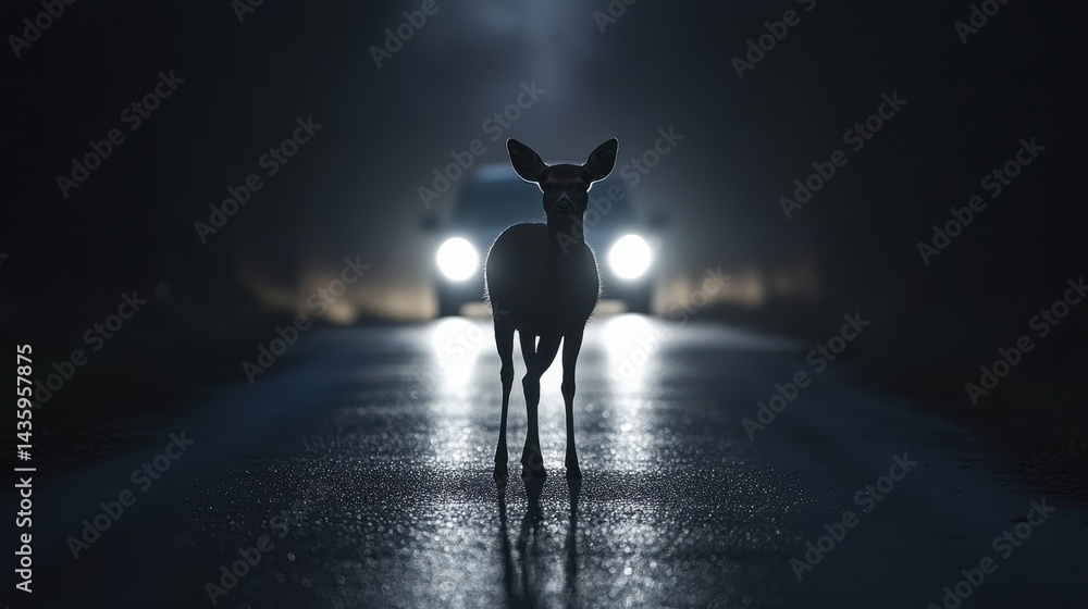 Deer standing on a dark road at night with car headlights in background. It can illustrate wildlife safety, or dangers of driving at night.
