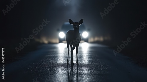 Obraz na płótnie Deer standing on a dark road at night with car headlights in background. It can illustrate wildlife safety, or dangers of driving at night. w salonie