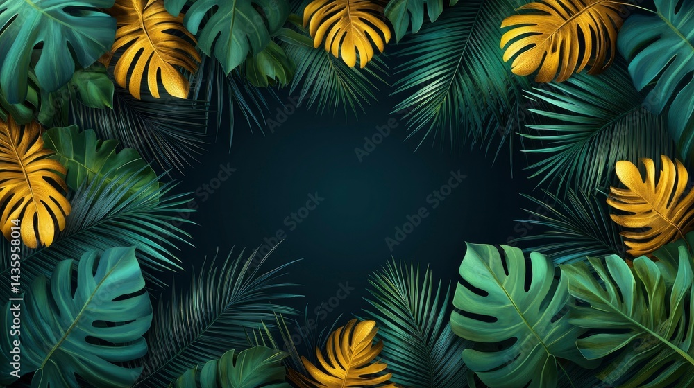 Lush Tropical Frame with Gold Monstera Leaves and Palm Fronds on Dark Background Lush Tropical Frame with Gold Monstera Leaves and Palm Fronds on Dark Background