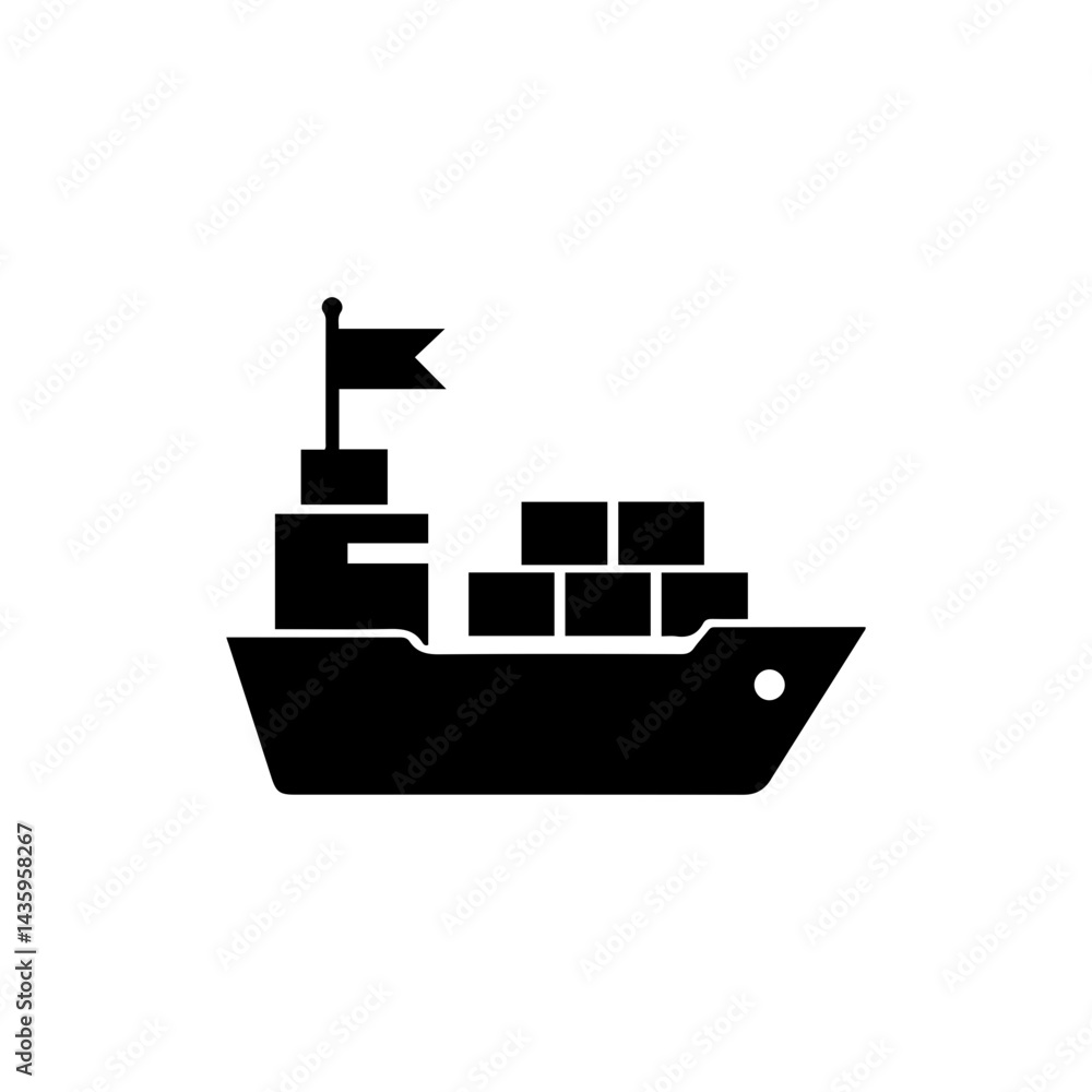 Black Filled Icon Showing a Cargo Ship with a Flag Symbol Black Filled Icon Showing a Cargo Ship with a Flag Symbol