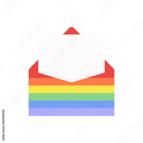 Rainbow envelope with blank paper space for text. Lgbt, diversity, pride month concepts. Flat decorative vector design isolated illustration.