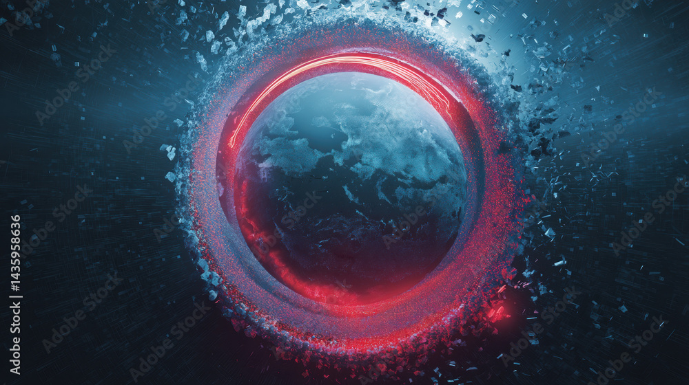 Obraz premium Sci-Fi Red Blue Ring Emerging from Water Explosion