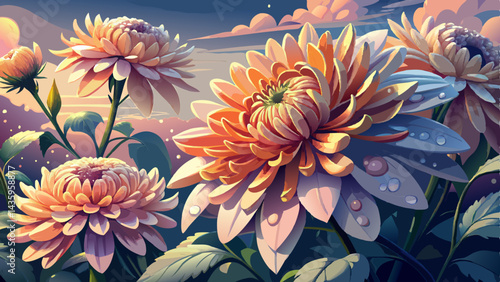 Chrysanthemum blooms drenched in morning dew, their petals glistening in the soft light of dawn