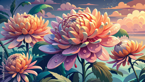 Chrysanthemum blooms drenched in morning dew, their petals glistening in the soft light of dawn
