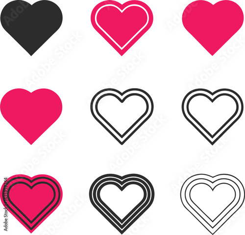 Minimalist Heart Icon Set L  ols in Outline,  Red and Black Styles