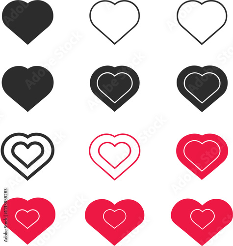 Minimalist Heart Icon Set L  ols in Outline,  Red and Black Styles