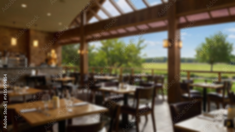 Fototapeta premium blur restaurant interior, restaurant with classic theme, table and chairs made of traditional wood, natural feel, blur cafe background