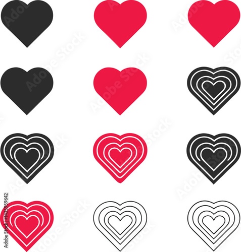 Minimalist Heart Icon Set L  ols in Outline,  Red and Black Styles