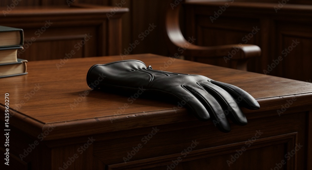 Police glove resting on a wooden table, symbolizing authority in a courtroom