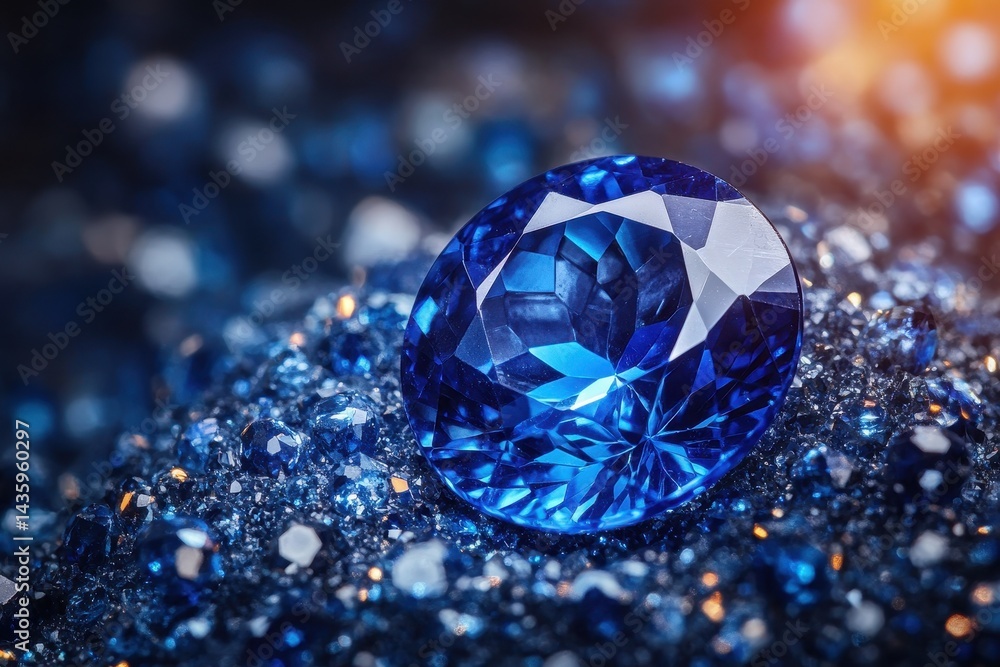 Oval blue sapphire glistens on rough, glittering sapphire pebble surface. Great for jewelry, luxury, and wealth themed design or creative projects.