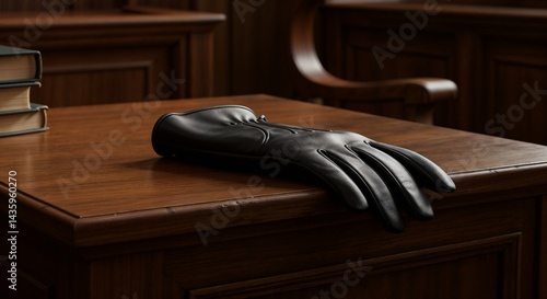 Obraz na płótnie Police glove resting on a wooden table, symbolizing authority in a courtroom w salonie