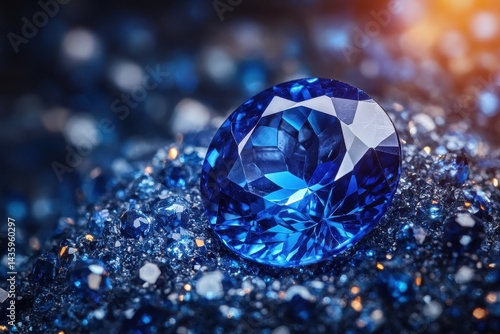 Obraz na płótnie Oval blue sapphire glistens on rough, glittering sapphire pebble surface. Great for jewelry, luxury, and wealth themed design or creative projects. w salonie