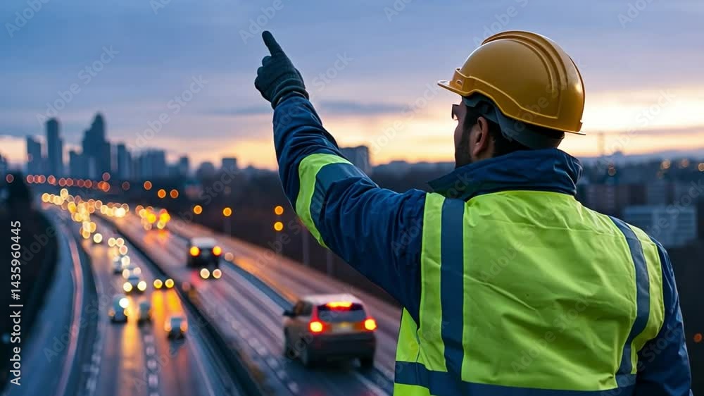 Guiding the Way: An engineer directs traffic flow, wearing a hard hat and high-visibility vest, with the cityscape creating an urban and safe environment.