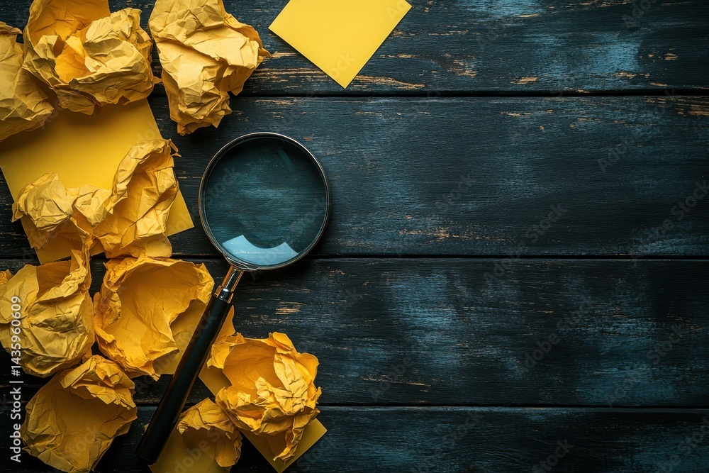 Crumpled yellow paper, sticky note, and magnifying glass on blue wood. It shows the search for solutions, problem-solving, and new ideas.