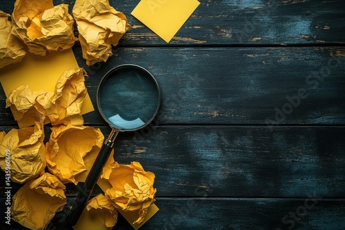 Obraz na płótnie Crumpled yellow paper, sticky note, and magnifying glass on blue wood. It shows the search for solutions, problem-solving, and new ideas. w salonie
