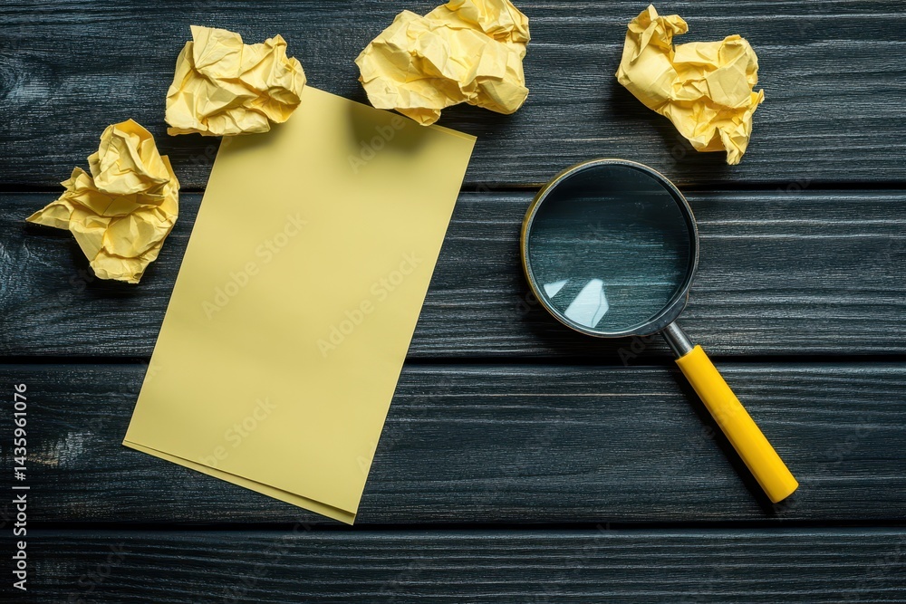 Yellow note, crumpled paper, and magnifier sit on dark wooden boards. Use it to illustrate brainstorming, research, or creative problem-solving.