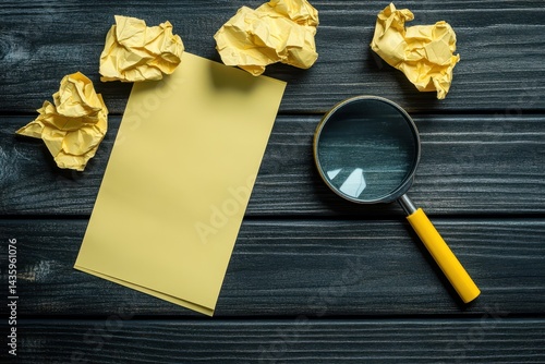 Obraz na płótnie Yellow note, crumpled paper, and magnifier sit on dark wooden boards. Use it to illustrate brainstorming, research, or creative problem-solving. w salonie