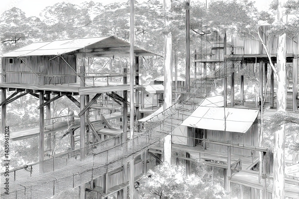 Fototapeta premium Treehouse Complex Surrounded by Lush Forest Landscape Design