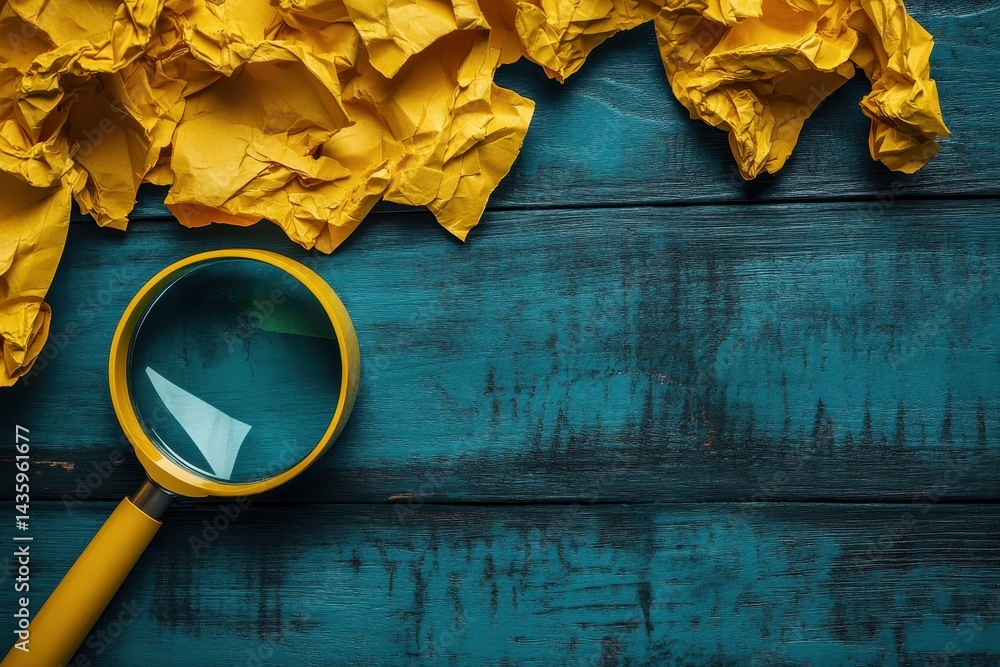 Yellow magnifier, crumpled paper on blue wooden background, flat lay. Perfect for illustrating searching, investigation, or creative brainstorming.