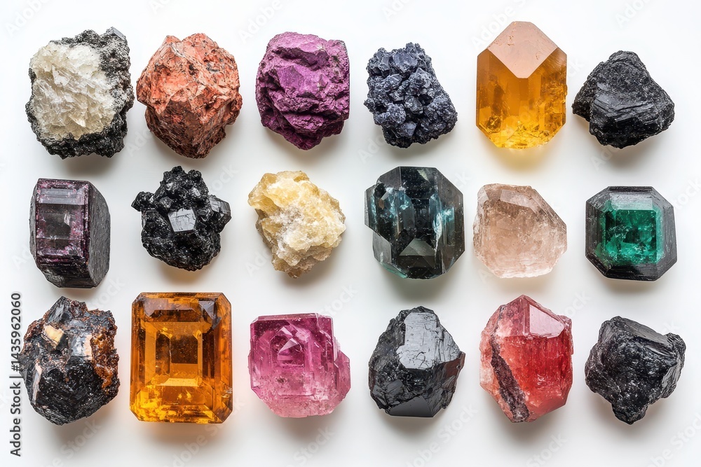 Assorted raw mineral stones, in various colors, arranged neatly on a white surface. Showcasing gems, can be used for jewelry, science, and geological backgrounds.