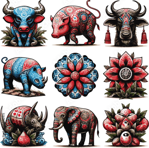 Create a kinds of abstract animals vector art with white background.