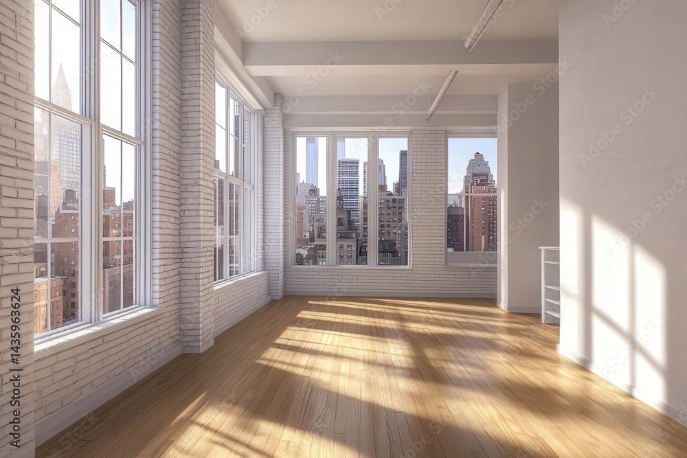 Fototapeta premium Empty bright New York loft with floor-to-ceiling windows, white brick walls, parquet flooring, and cityscape view. Photorealistic high-resolution interior.