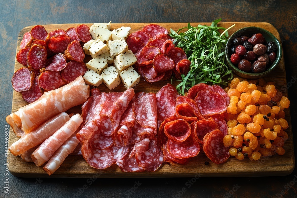 Delicious assortment of deli meats cheese and olives on a wooden board for a gourmet platter Delicious assortment of deli meats cheese and olives on a wooden board for a gourmet platter