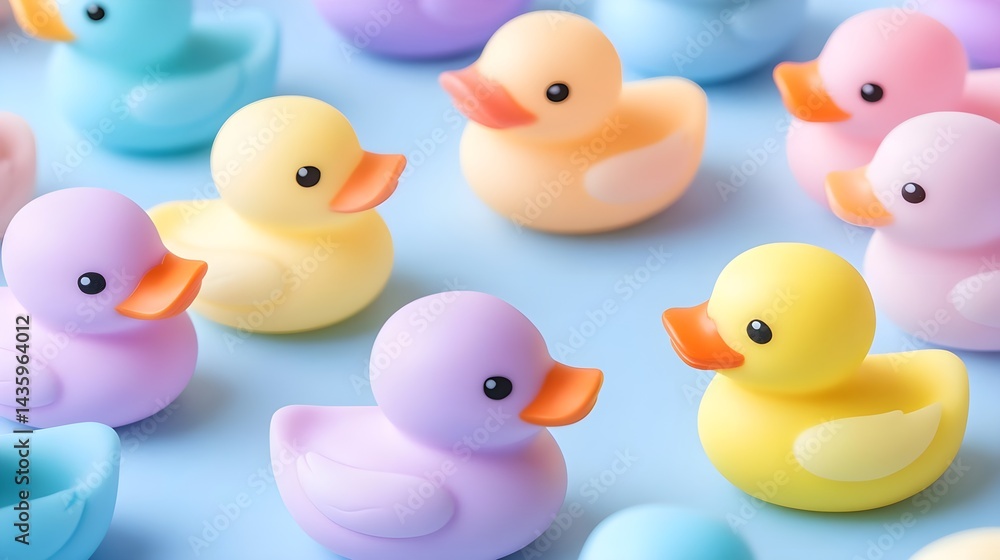 Playful Rubber Ducks in Soft Colors Arranged on a Blue Background Playful Rubber Ducks in Soft Colors Arranged on a Blue Background