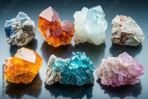 Variety of colorful mineral specimens arranged on dark, reflective surface. Perfect for earth science, jewelry design or geological study materials.