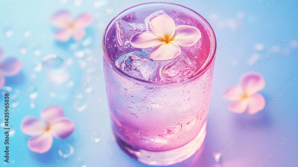 Pink Floral Cocktail with Ice Cubes in Glass Pink Floral Cocktail with Ice Cubes in Glass