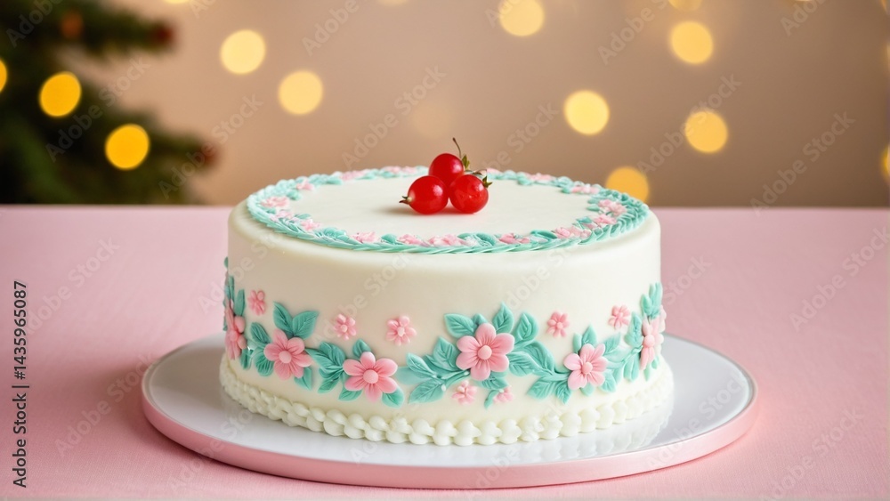 Elegant Celebratory Cake with Delicate Pink Flowers, Seafoam Green Leaves, Red Currants, and Soft Glowing Lights Background. Elegant Celebratory Cake with Delicate Pink Flowers, Seafoam Green Leaves, Red Currants, and Soft Glowing Lights Background.