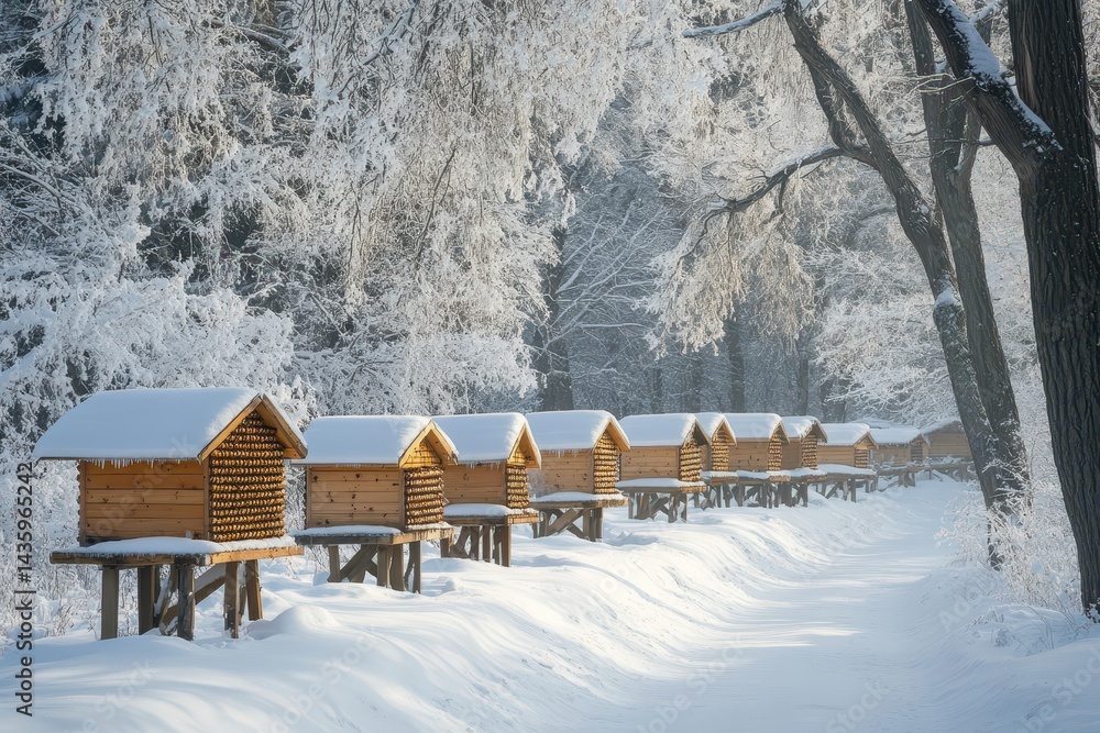 Wooden beehives stand in a row, covered with snow in a winter forest. Perfect for illustrating bee keeping, winter, or nature scenes.