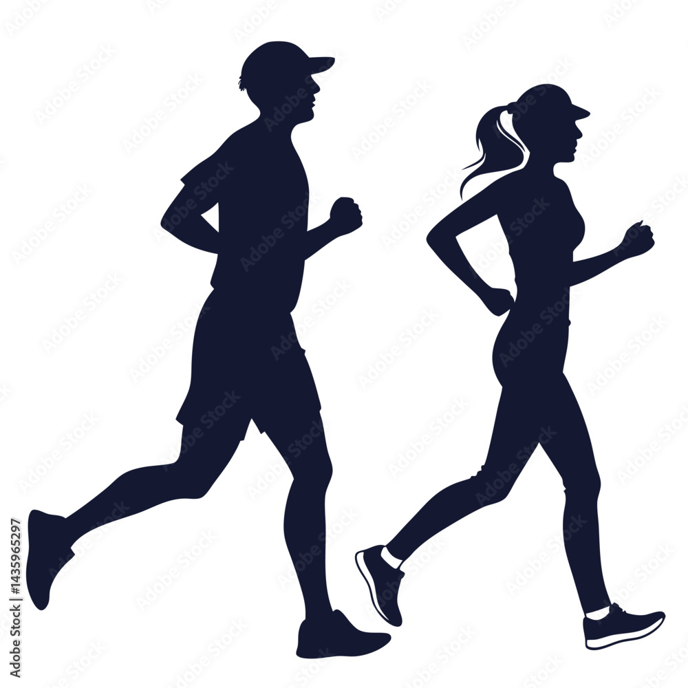 Obraz premium Male and Female Runners Silhouette Jogging in Motion on White Background