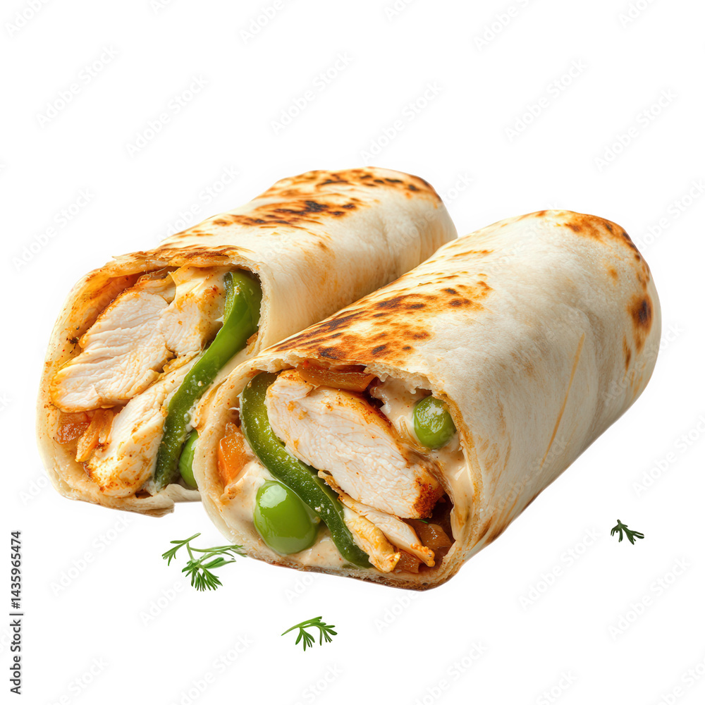 two delicious wraps filled with grilled chicken and green bell peppers. showcasing a toasted tortilla that highlights the savory ingredients inside the presentation emphasizes the freshness and appeal two delicious wraps filled with grilled chicken and green bell peppers. showcasing a toasted tortilla that highlights the savory ingredients inside the presentation emphasizes the freshness and appeal