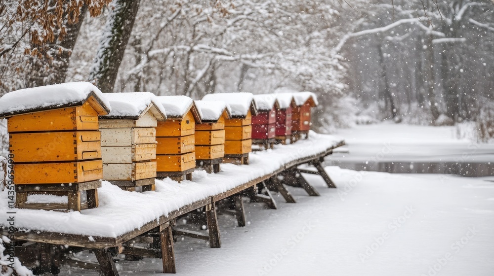 Snow-covered beehives stand in a row on a rustic wooden platform outside. Use for winter season, beekeeping, or survival in cold weather themes.
