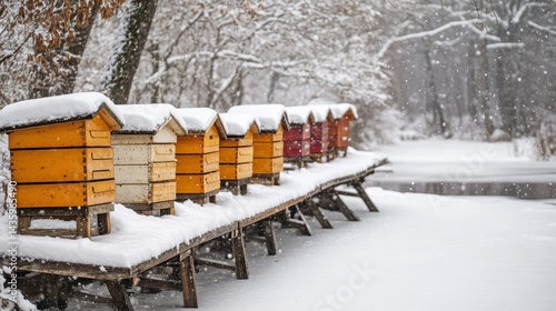 Obraz na płótnie Snow-covered beehives stand in a row on a rustic wooden platform outside. Use for winter season, beekeeping, or survival in cold weather themes. w salonie