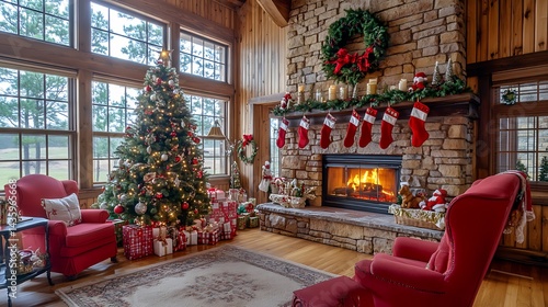 Christmas living room with fireplace and tree decorated for holiday season home interior design
