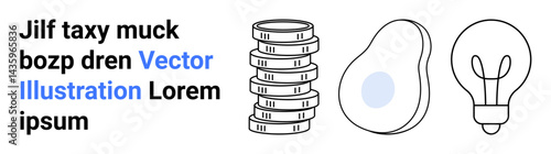 Stacked coins, an avocado with a circle, and a light bulb outline portraying financial growth, wellness, and innovation. Ideal for finance, nutrition, ideas, sustainability creativity investments