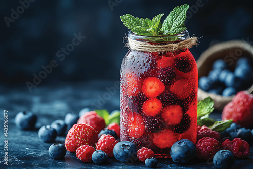 Refreshing Glass Jar with Fresh Strawberry, Raspberry, Blueberry and Mint Leaves