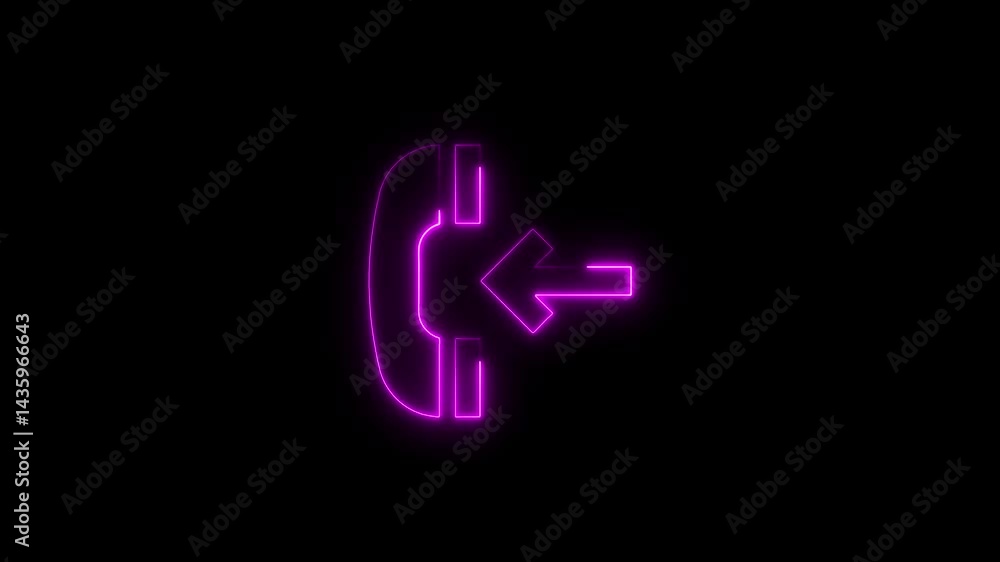 Glowing purple neon phone icon with incoming call symbol on black background Glowing purple neon phone icon with incoming call symbol on black background