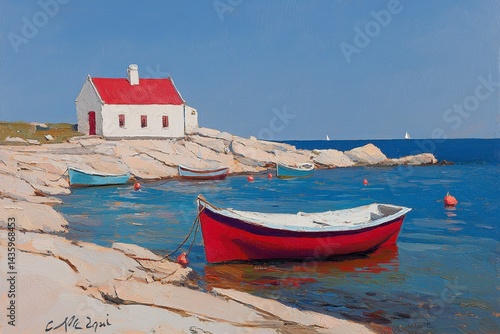 Red Boat on Rocky Shore near White House under Blue Sky