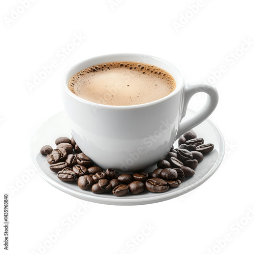 a white coffee cup filled with steaming coffee sits on a saucer. surrounded by roasted coffee beans. showcasing a classic coffee presentation the rich texture and color of the beverage. inviting viewe