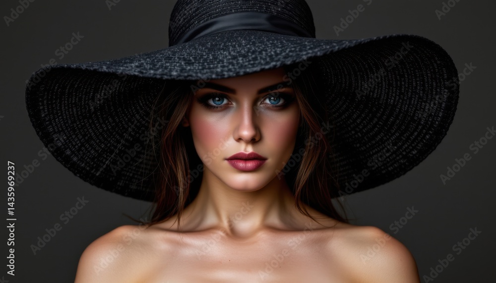 Elegant portrait of a woman in a black hat studio setting fashion photography dramatic lighting close-up view Elegant portrait of a woman in a black hat studio setting fashion photography dramatic lighting close-up view