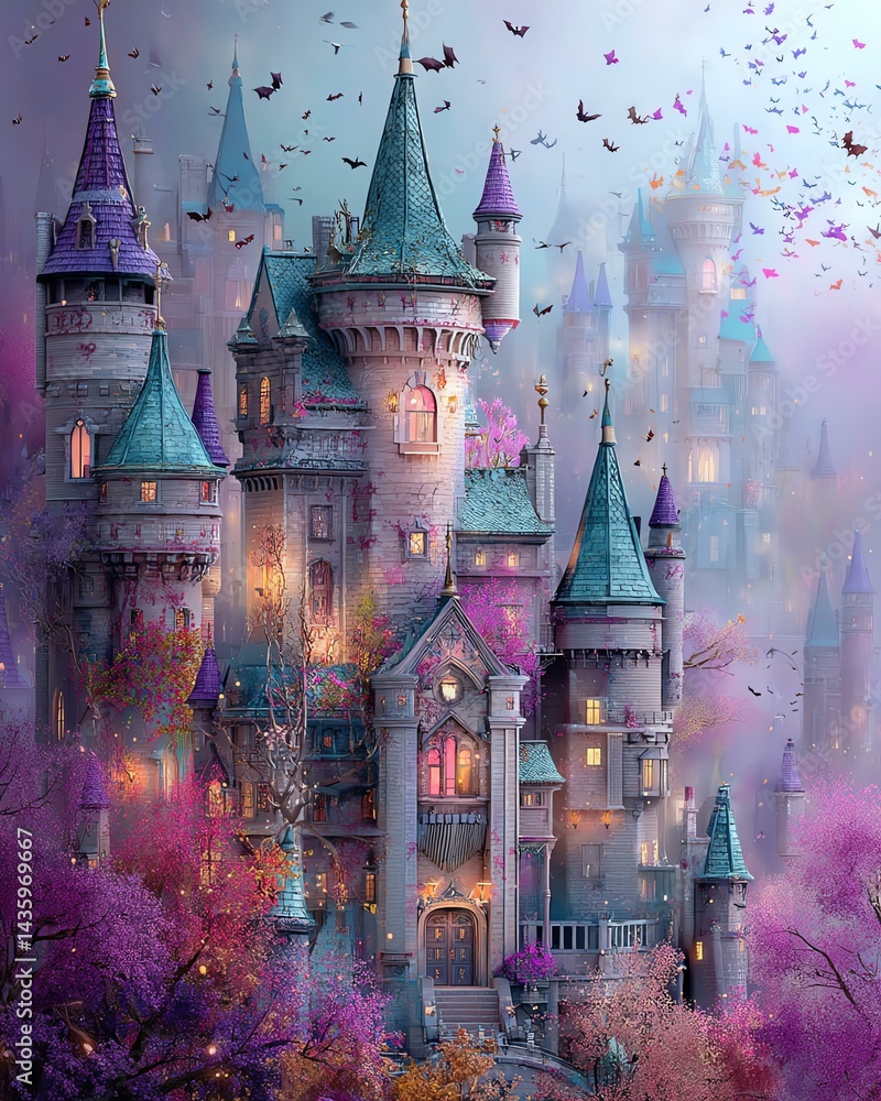 Fototapeta premium Whimsical castle surrounded by magical scenery.