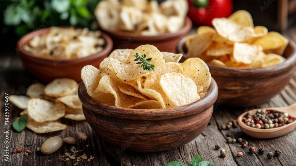 Crispy Potato Chips in Rustic Bowls on Wooden Table Crispy Potato Chips in Rustic Bowls on Wooden Table