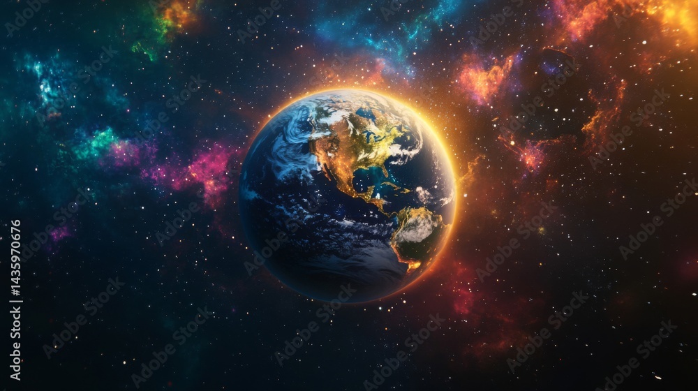 Obraz premium Vibrant Earth in a Colorful Cosmic Nebula