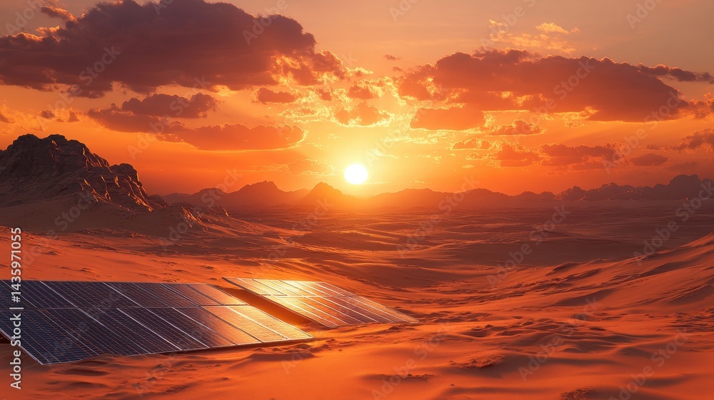 Solar panels in desert landscape at sunset under a fiery sky. Showcasing renewable energy, innovation, and sustainable power solutions.